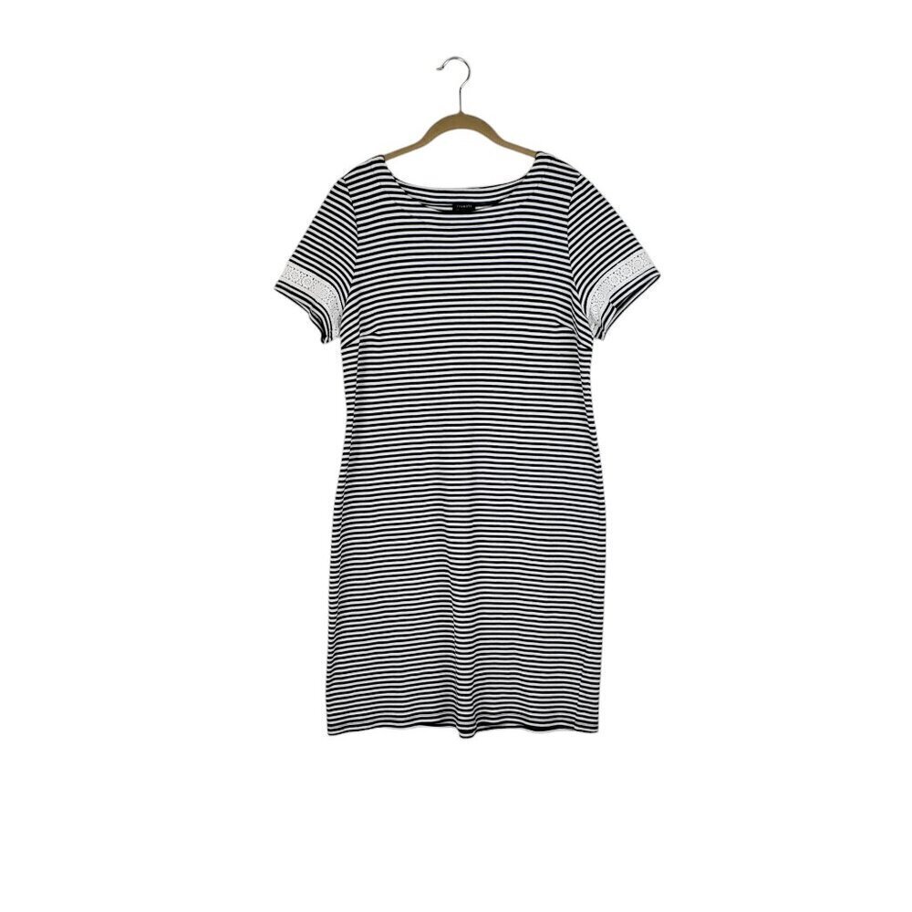 Talbots Cotton Lace Trim Shift Dress Black White Soleil Stripe Womens Size Large